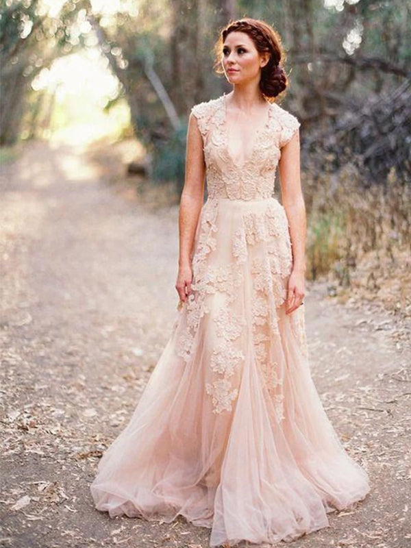 Charming Pink Lace Sexy V-neck Long Sheath Tulle Wedding Party Dresses, WD0139