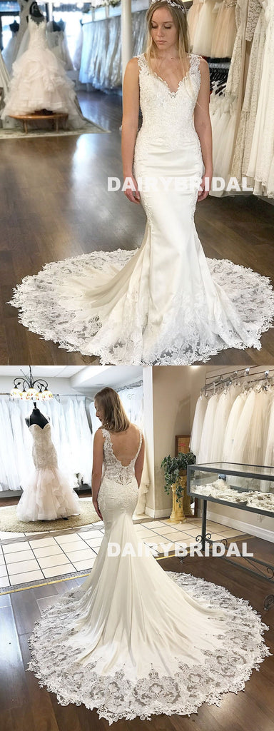 Long Mermaid V-Neck Wedding Dress, Lace Backless Satin Sleeveless Wedding Dress, D1053