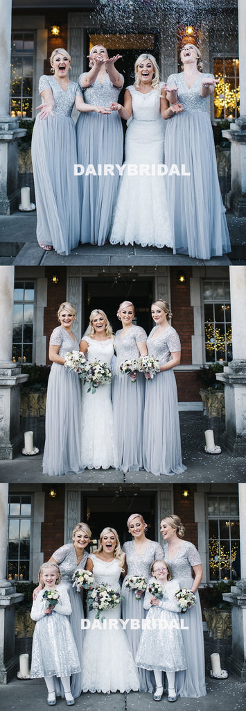 Sparkle Sequin Top V-Neck Short Sleeve Tulle A-Line Charming Long Bridesmaid Dresses, D1124
