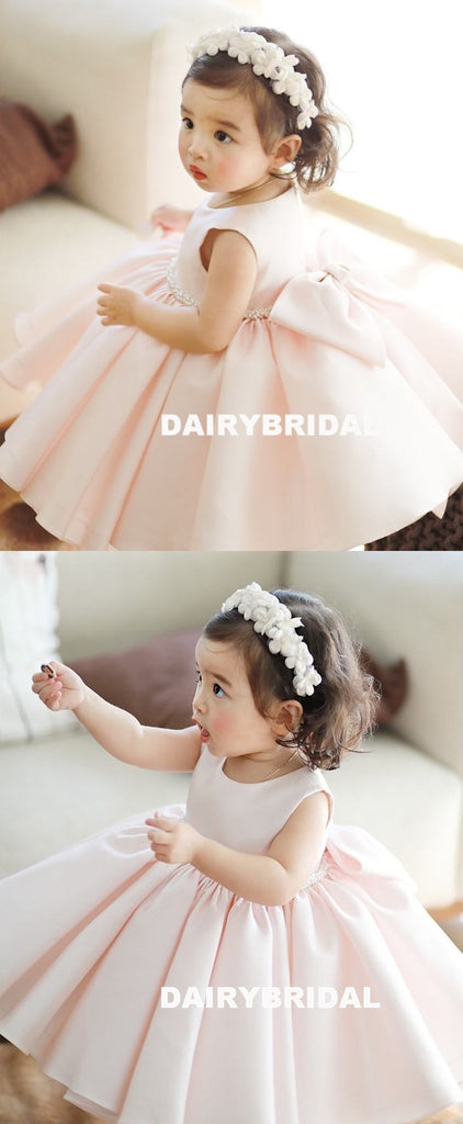 Pink Satin Flower Girl Dresses, A-Line Beaded Popular Little Girl Dresses, D1178