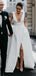New Arrival A-Line Satin Wedding Dress, Sexy V-Neck Slit Backless Elegant Bridal Dress, D1343