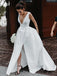 New Arrival A-Line Satin Wedding Dress, Sexy V-Neck Slit Backless Elegant Bridal Dress, D1343