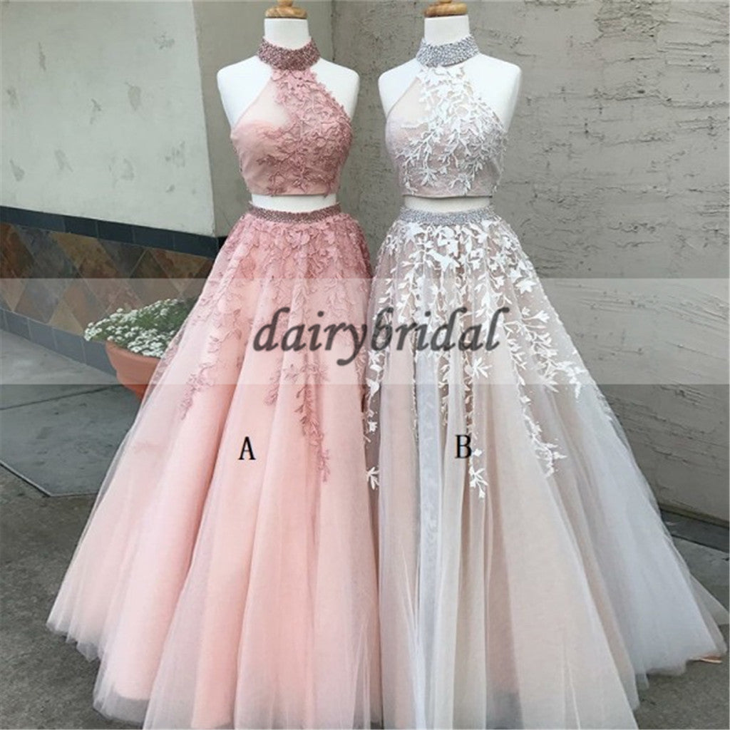 Two Pieces Tulle Applique Prom Dress, Sleeveless Open-Back Prom Dress, A-Line Beaded Prom Dress, D134