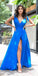Inexpensive Simple V-Neck Jersey Slit A-Line Backless Prom Dresses, FC1564