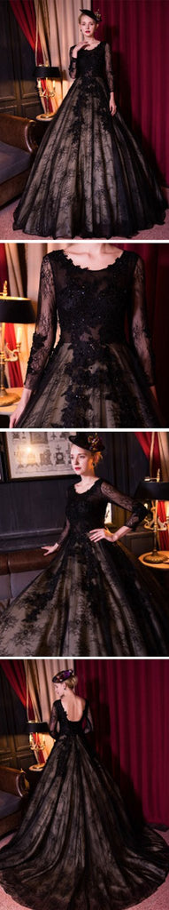 Special Black Tulle Lace Scoop Neck Long Sleeve A-line Wedding Dresses, WD166