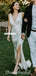Simple Deep V-Neck Elastic Satin Backless Slit Wedding Dresses, FC1681