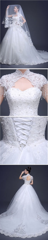 Charming High Neck Cap Sleeve Long A-line Open Back Lace Tulle Wedding Dresses, WD0171