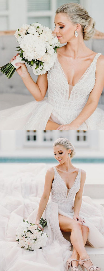 Luxury A-Line Lace Backless V-Neck TulleSleeveless Slit Wedding Dresses, FC1710