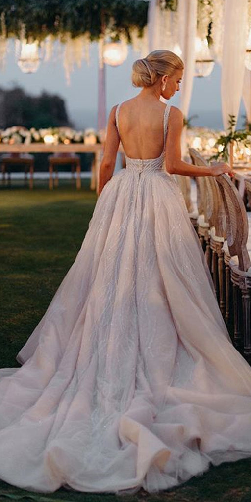 Luxury A-Line Lace Backless V-Neck TulleSleeveless Slit Wedding Dresses, FC1710