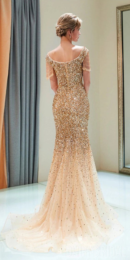 Sparkly Sequin Cap Sleeve Tulle Mermaid Backless Beaded Prom Dress, FC1777