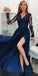 Charming Long Sleeve V-Neck Slit Lace A-line Applique Prom Dresses, FC1823