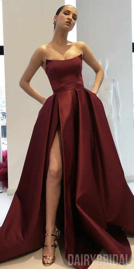Gorgrous A-Line Satin Burgundy Slit Backless Simple Long Prom Dresses, FC1833