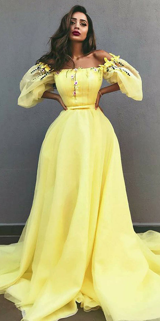 Charming Yellow Off Shoulder Chiffon A-Line Applique Prom Dresses, FC1847