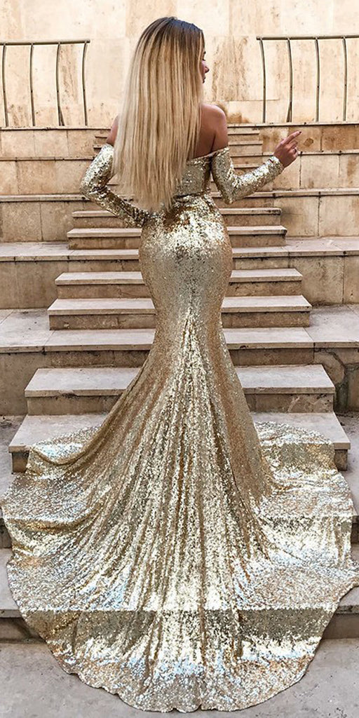 Sparkly Sequin Off Shoulder Sexy Slit Backless Mermaid Prom Dresses, FC1855