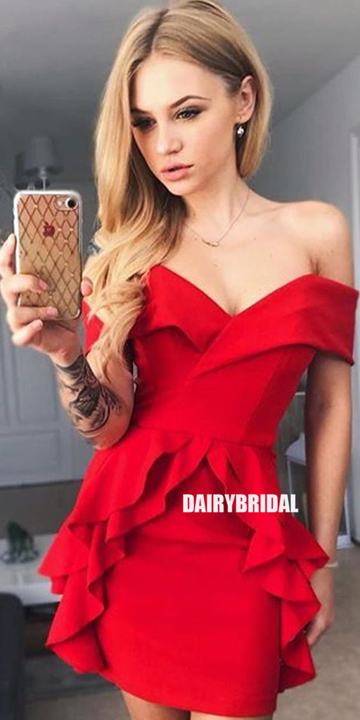 Red Off Shoulder Backless Inexpensive Homecoming Dress, FC1864