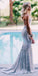 Mermaid Sparkly Silver Sequin Backless V-Neck Spaghetti Straps Prom Dresses, FC1940