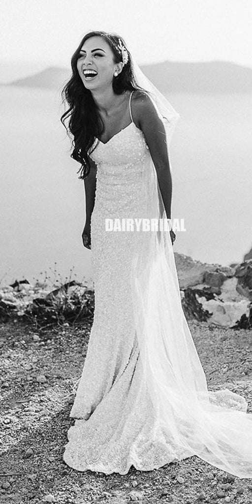 Spaghetti Straps Mermaid Beaded Sequin Backless Charming Wedding Dress, FC1998