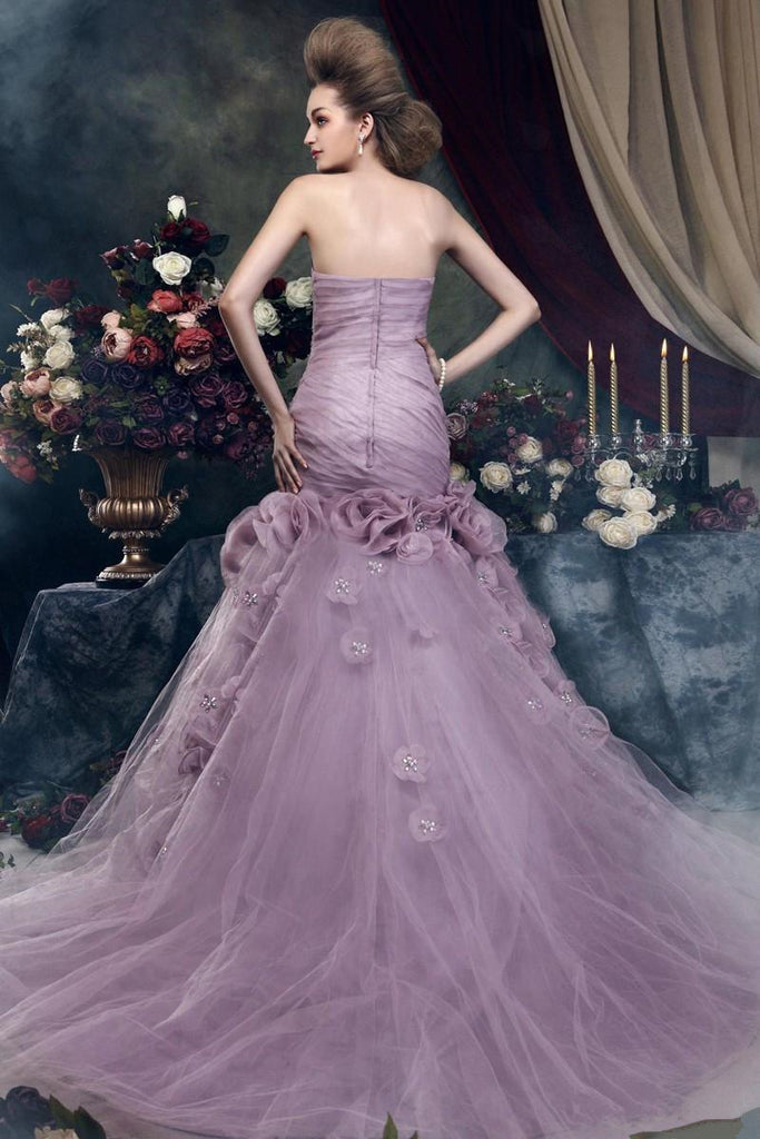 Gorgeous Strapless Mermaid Light Purple Tulle Appliques Wedding Dresses, WD0176