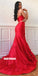 Red Two Pieces Mermaid Satin Backless Applique Prom Dresses, FC2393
