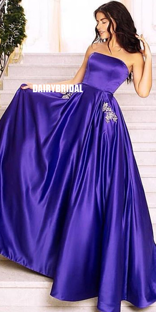 Charming A-line Straight Neckline Satin Backless Beaded Prom Dress with Pockets, FC2398