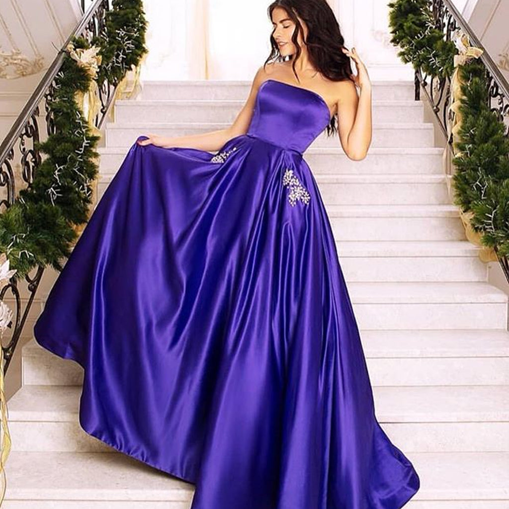 Charming A-line Straight Neckline Satin Backless Beaded Prom Dress with Pockets, FC2398