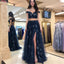 Black Off Shoulder Two Pieces Open-Back Lace Slit A-line Tulle Prom Dresses, FC2411