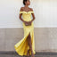 Off Shoulder Yellow Jersey Slit Backless Simple Prom Dresses, FC2432