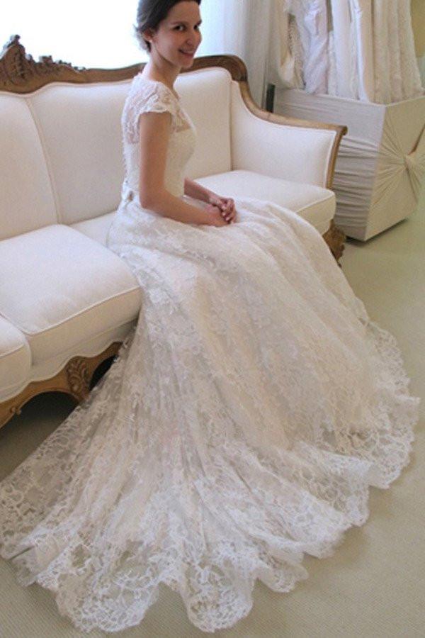 Cap Sleeve Lace A line Wedding Dresses, 2017 Long Custom Wedding Gowns, Affordable Bridal Dresses, 17095