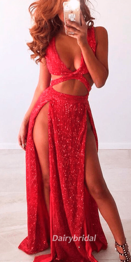 Red Mermaid Sparkly Sequin Slit Backless Sexy Prom Dresses, FC248