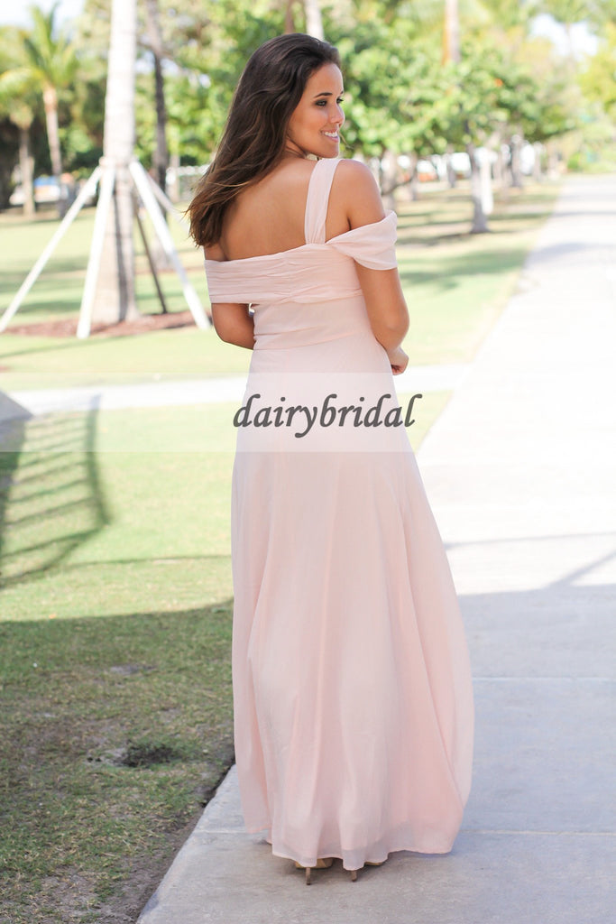 Chiffon Off-Shoulder Bridesmaid Dress, Pink Maxi Bridesmaid Dress, D265