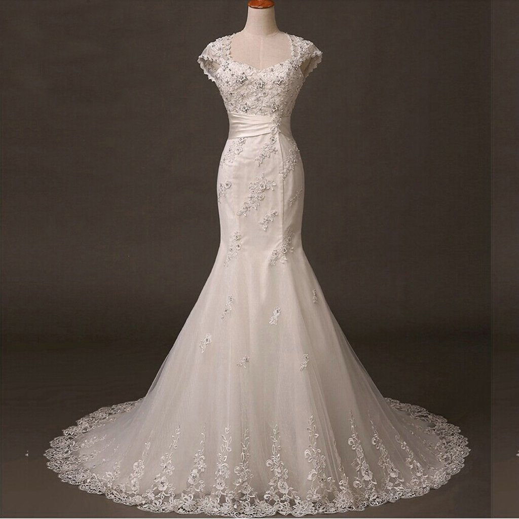 Long Wedding Dress, Lace Wedding Dress, Tulle Wedding Dress, Cap Sleeve Bridal Dress, Open Back Wedding Dress, Applique Mermaid Wedding Dress, LB0286