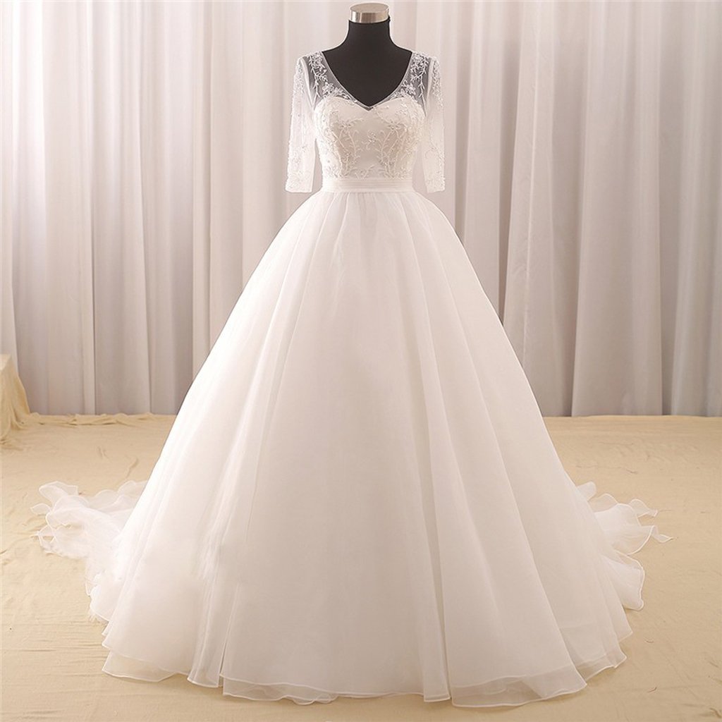 Long Wedding Dress, Hot Sale Wedding Dress, Lace Bridal Dress, Half-Sleeve Wedding Dress, Beading Wedding Dress, Tulle Wedding Dress, V-Neck Wedding Dress, LB0366