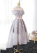 Best Sale Elegant A-Line Off-Shoulder High-Low Gray Organza Prom Dresses with Appliques,220037