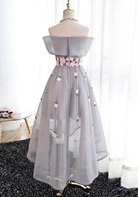 Best Sale Elegant A-Line Off-Shoulder High-Low Gray Organza Prom Dresses with Appliques,220037