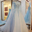 High Quality Charming Blue Off the Shoulder Applique Lace Wedding Dresses with Long Train,220038