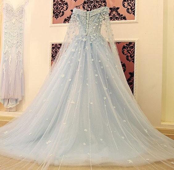 High Quality Charming Blue Off the Shoulder Applique Lace Wedding Dresses with Long Train,220038
