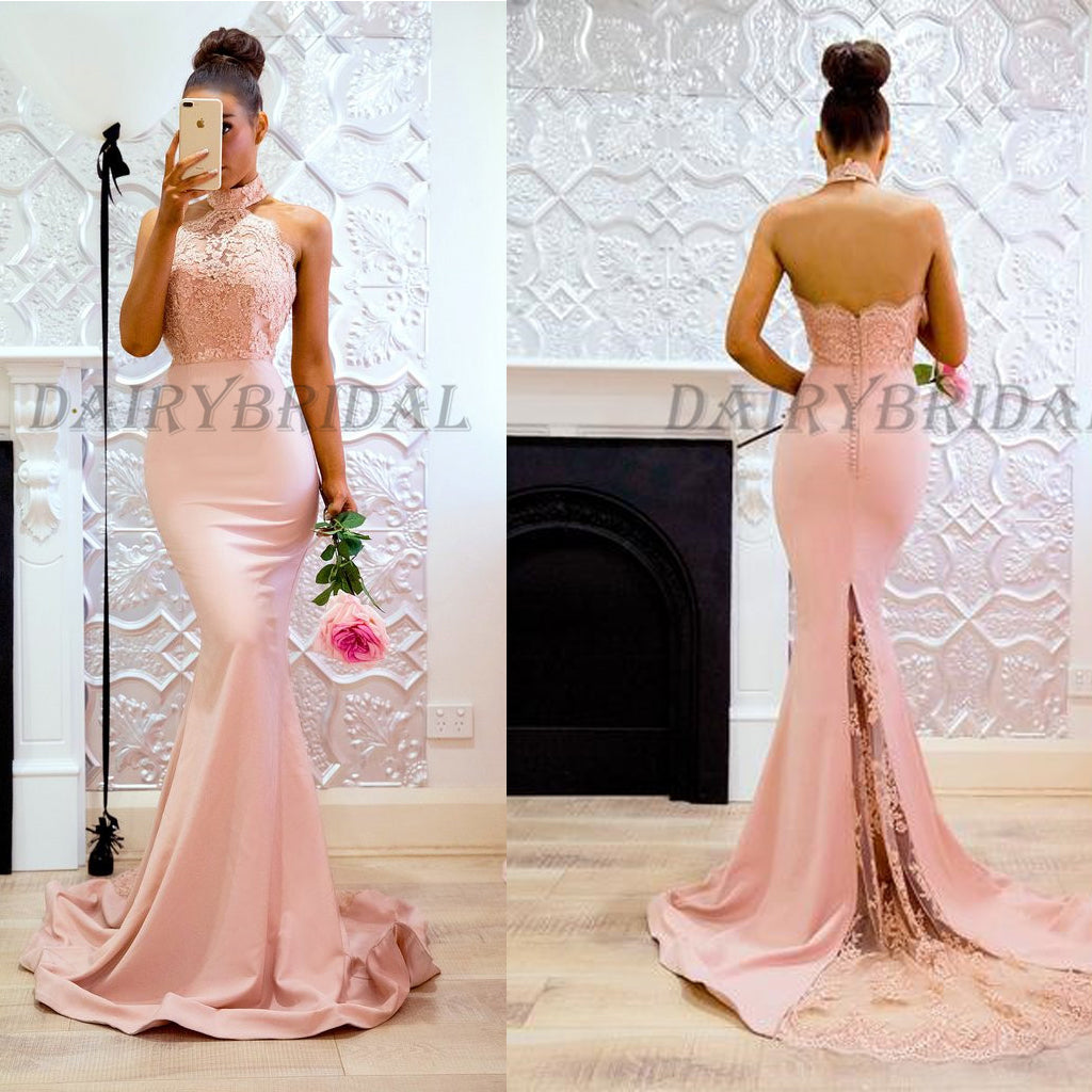 Halter Prom Dress, Mermaid Prom Dress, Backless Prom Dress, Lace Prom Dress, Sexy Prom Dress, Satin Prom Dress, D38