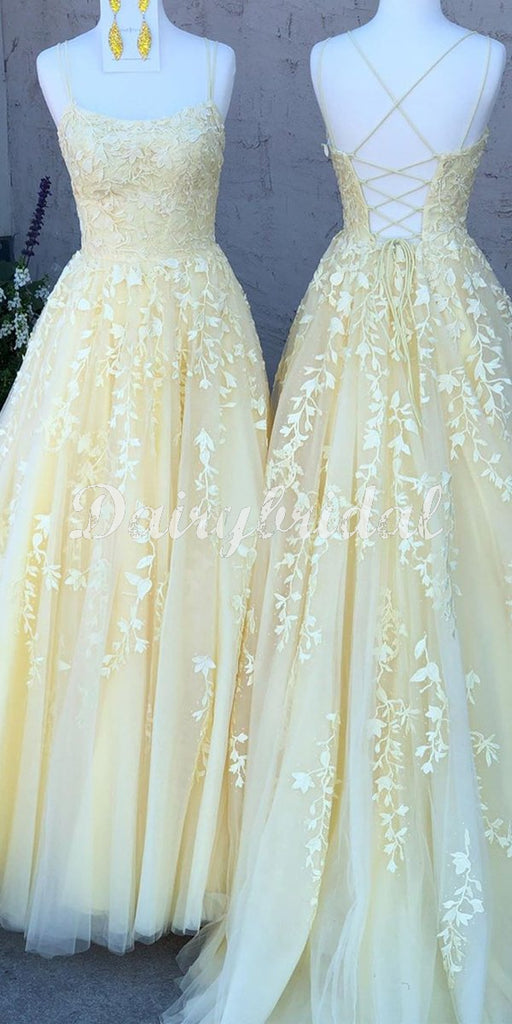 Charming  Spaghetti Straps Lace A-line Sleeveless Yellow Prom Dresses, FC3981