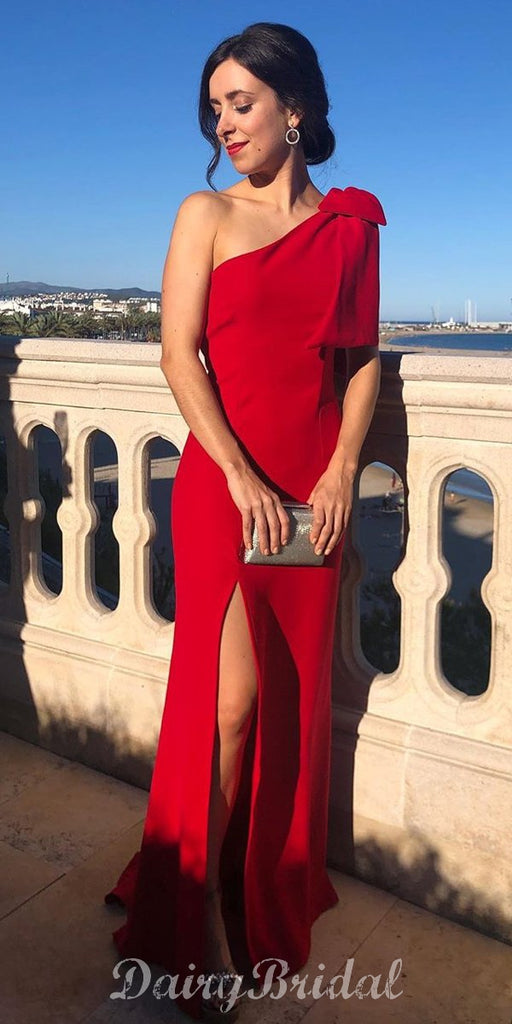 Red One Shoulder Mermaid Simple Jersey Slit Long Prom Dresses, FC3992
