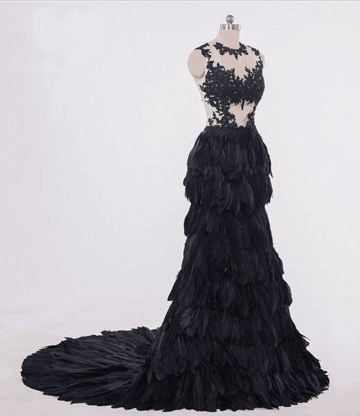 Black Mermaid Wedding dress,Feather Ruffles Organza Full Ruffles Bride dresses,220040