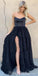Black&White A-line Tulle Backless Elegant Long Satin Prom Dresses, FC4004