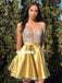 A-line Yellw Satin Backless Sequin Sleeveless Homecoming Dress, FC4013