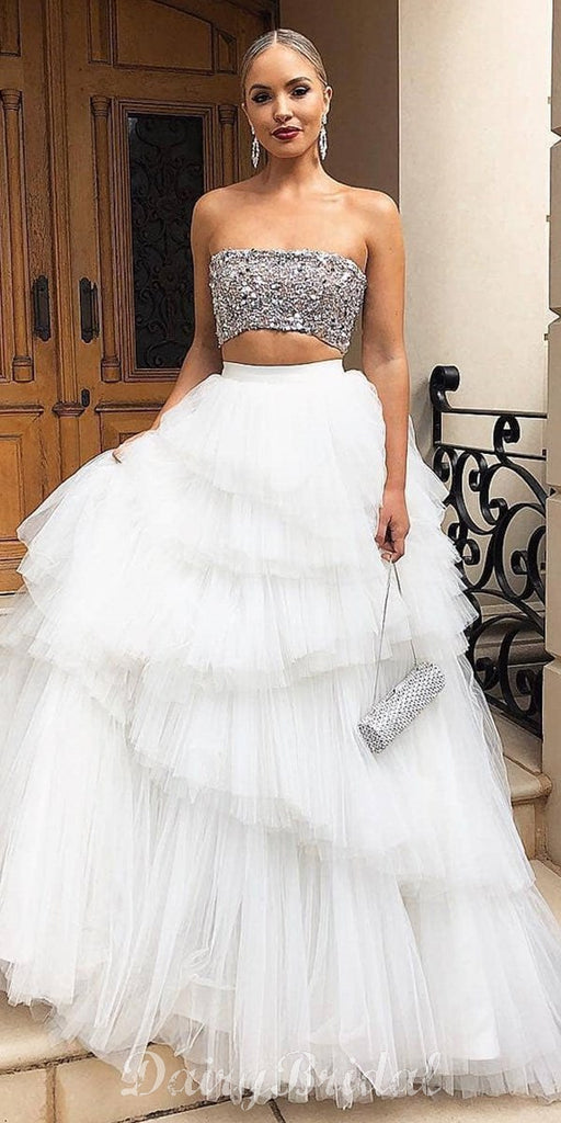 Two Pieces A-line Sparkly Sequin Top Tulle Floor-length Prom Dresses, FC4025