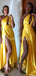 Convertible Bright Yellow One Shoulder A-line Sexy High Slit Backless Bridesmaid Dress, FC4051