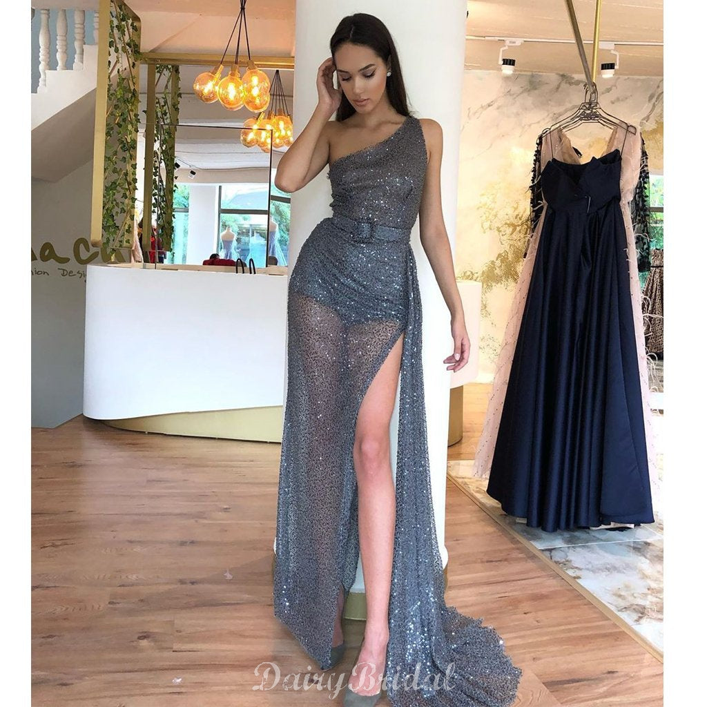 Sparkly Sequin Tulle One Shoulder Sexy High Slit Prom Dresses, FC4071