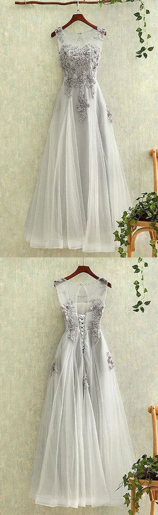 New Arrival A Line Charming gray tulle lace Sleeveless Open Back Applique Floor-Length prom dress,220041