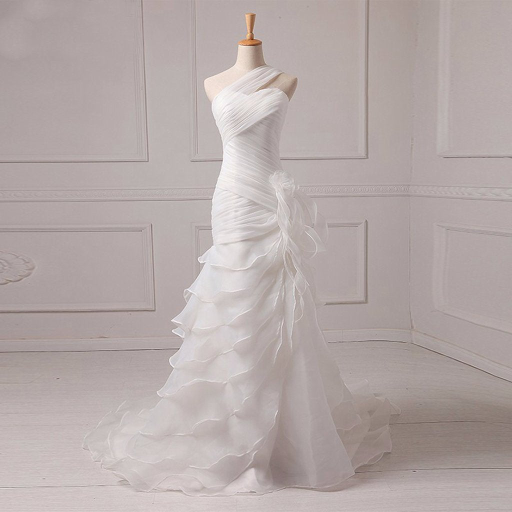 Long Wedding Dress, Organza Wedding Dress, Mermaid Bridal Dress, One-Shoulder Wedding Dress, Pleat Wedding Dress, Wedding Dress with Court Train, LB0410