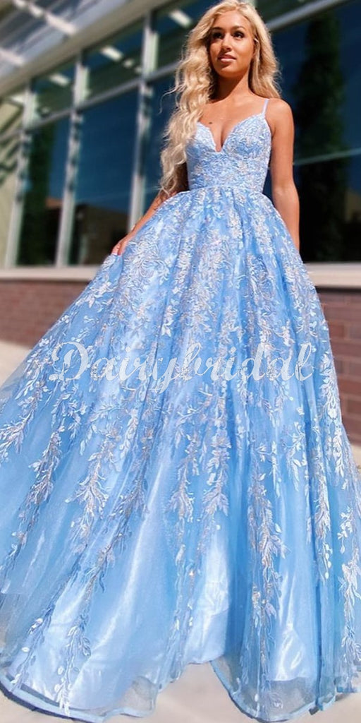 Honest A-line Lace Spaghetti Straps Sleeveless Floor-Length Prom Dresses, FC4157
