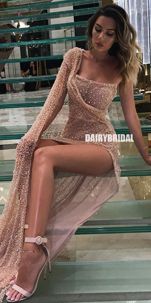 Sparkle Sequin One Shoulder Long Sleeve Sexy Slit Mermaid Prom Dresses, FC4170