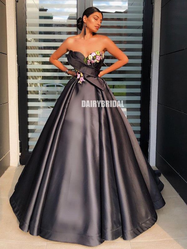 Black Satin Sweetheart A-line Backless Applique Stunning Prom Dresses, FC4197